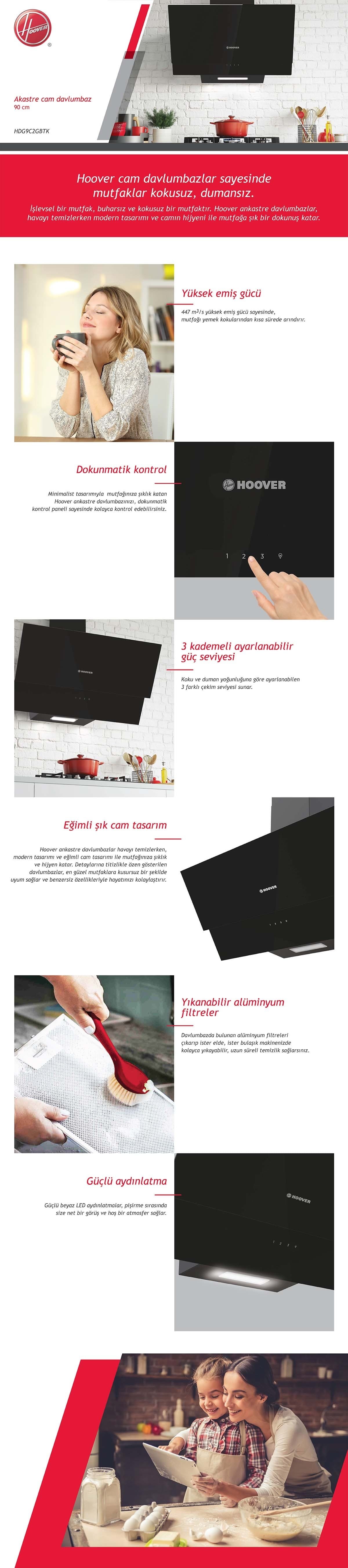 Hoover HDG9C2GBTK 90 CM Siyah Dokunmatik Kontrollü Davlumbaz 6