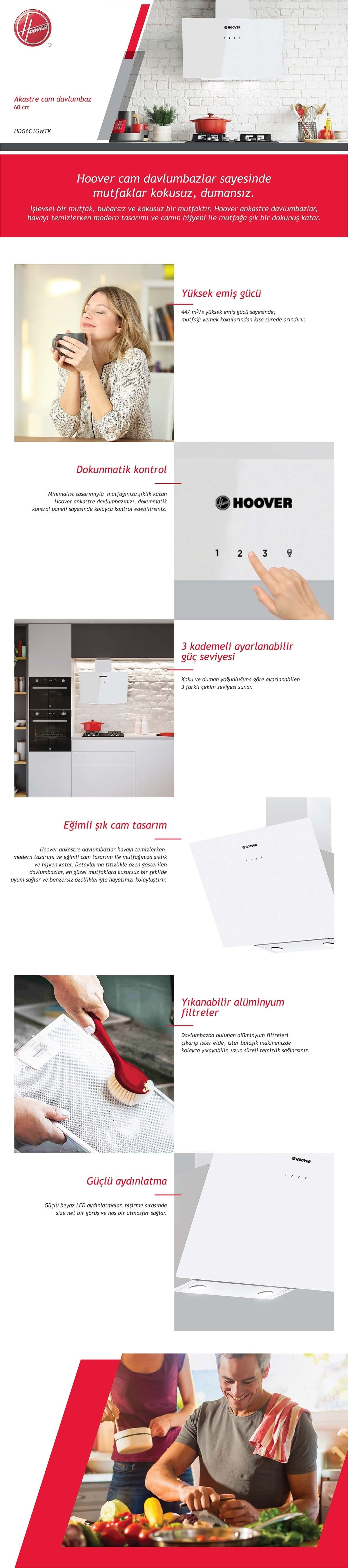 Hoover HDG6C1GWTK 60CM Ankastre Davlumbaz - Güçlü Performans, Modern Tasarım 6