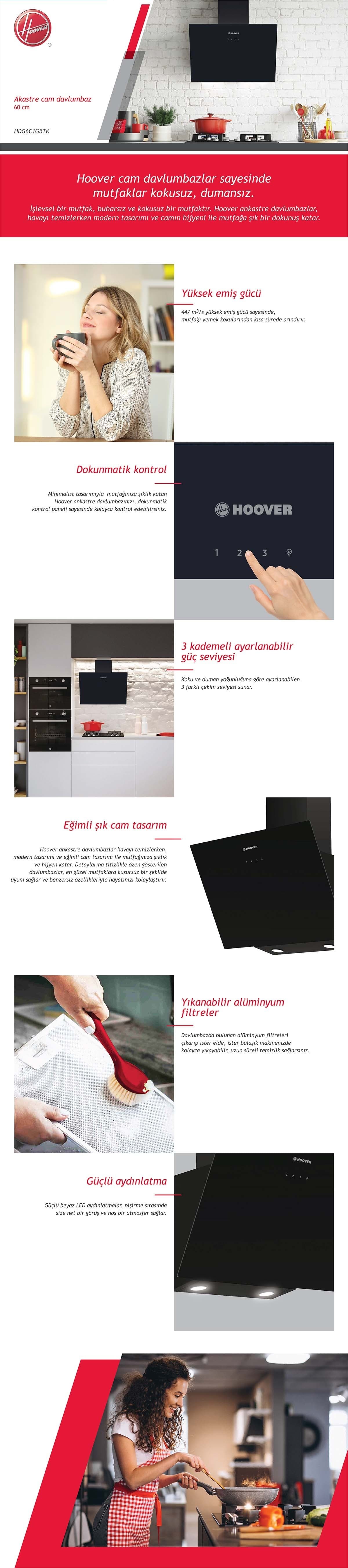 Hoover HDG6C1GBTK 90cm Siyah Tezgah Altı Davlumbaz 5