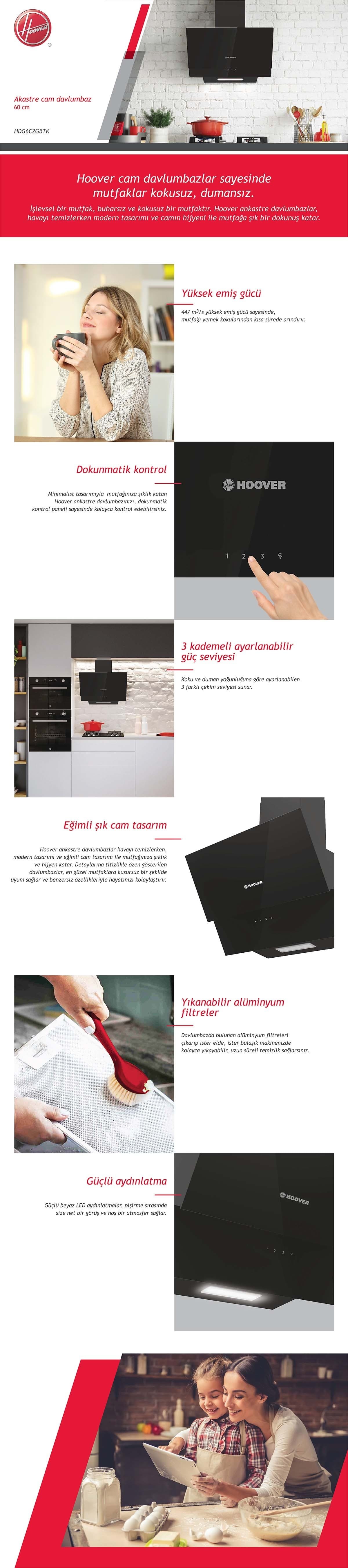 Hoover HDG6C2GBTK 60 cm 700 m³/saat Güçlü Emişli Davlumbaz 5