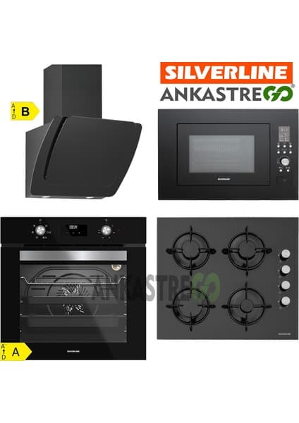 Silverline BO6502B02 - CS5349B01 - 3373 Misto 60 - MW9018B01 Siyah Cam Ankastre Set