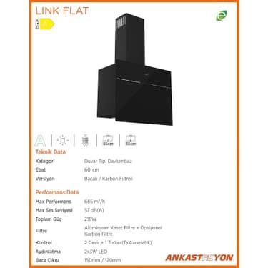 Silverline 3364 Lınk Flat Siyah Cam Duvar Tipi Davlumbaz 60 cm 3