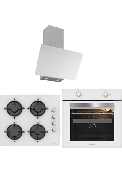 Silverline BO65E1W01-CS5349B01 Ankastre Set - Beyaz Cam, Flam Davlumbaz ve Beyaz Emaye Ocak