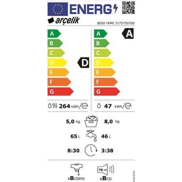 Arçelik 8050 YKMI 8 kg D Enerji Sınıfı 1400 Devir Kurutmalı Çamaşır Makinesi 5