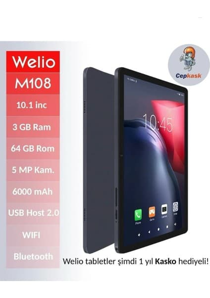 Welio Welıo Tab M108 64GB 10.1 Inc 3 GB Ram 64 IPS Ekran Hafıza Kart Destekli Tablet 6