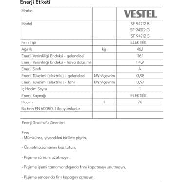 Vestel SF 94212 S 4 Gözü Gazlı 1 Gözü Woklu A Enerji Sınıfı Solo Fırın 3