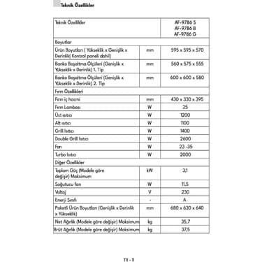 Vestel AF-9786 B 73 Lt A Enerji Sınıfı Ankastre Fırın 3