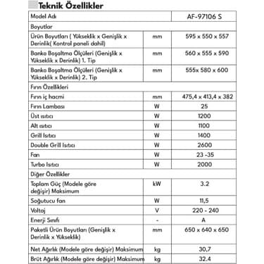 Vestel AF-97109 B 78 Lt A+ Enerji Sınıfı Ankastre Fırın 5