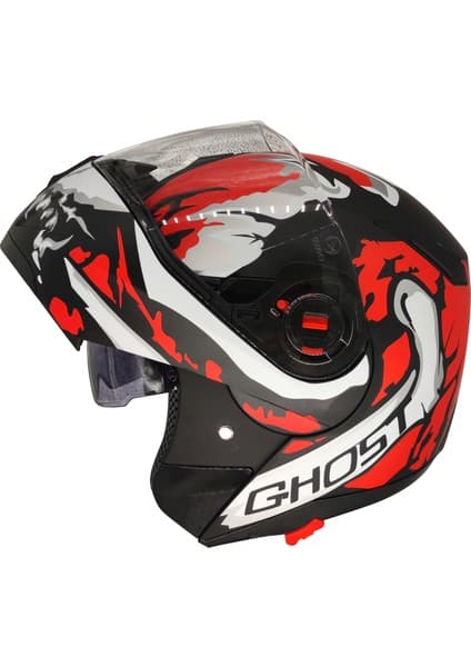 Free-M 961 Ghost Güneş Vizörlü Çeneden Açılır Kask Siyah - Beyaz - Kırmızı