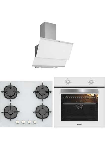 Silverline Beyaz Cam Ankastre Set (3420 Classy Davlumbaz - CS5436W01 Ocak - BO65E1W01 Fırın)