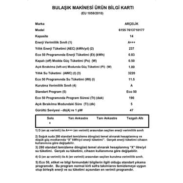 Arçelik 6155 Bulaşık Makinesi 6