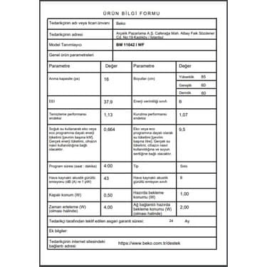 Beko BM 11042 I WF 16 Kişilik Tam Entegre Bulaşık Makinesi Inox 6