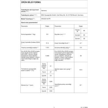 Siemens WG42A1X2TR A Enerji Sınıfı 9 kg 1200 Devir Çamaşır Makinesi Beyaz 4