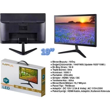 Anadolu Pars 19 Inç Monitör, 1920X1080 Çözünürlük, 5ms Tepki Süresi, 75Hz Yenileme Hızı, HDMI & VGA Girişleri, 12 Volt, Full Hd 2