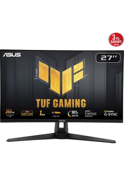 Asus TUF GAMING VG27AQM1A 27 HDR400 2K IPS FREESYNC VE G-SYNC UYUMLU 2560x1440 1MS 260HZ DP HDMI USB MM VESA 3YIL ELMB SYNC, 90%DCI-P3 Monitör