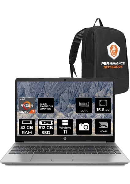 HP 255 G9 AMD Ryzen 7 5825U 32GB 512GB SSD 15.6'' FHD W11H Taşınabilir Bilgisayar & PER4 Çanta 6Q8N3ES187