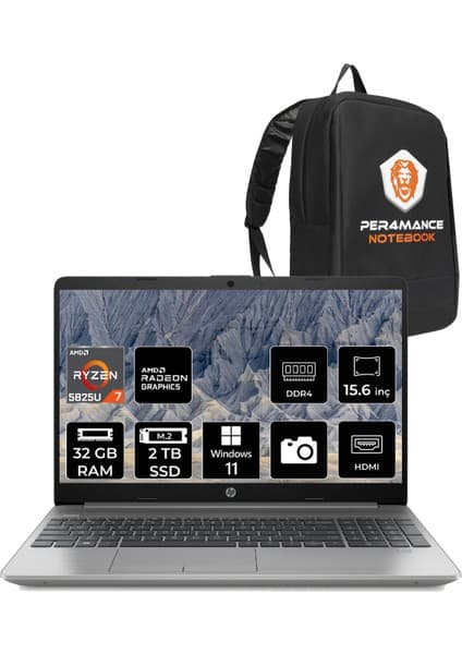 HP 255 G9 AMD Ryzen 7 5825U 32GB 2TB SSD 15.6'' FHD W11H Taşınabilir Bilgisayar & PER4 Çanta 6Q8N3ES189