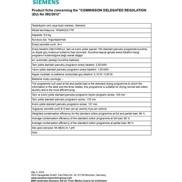Siemens WQ42A201TR 9 kg D Enerji Sınıfı IQ300 Isı Pompalı Kurutma Makinesi 5