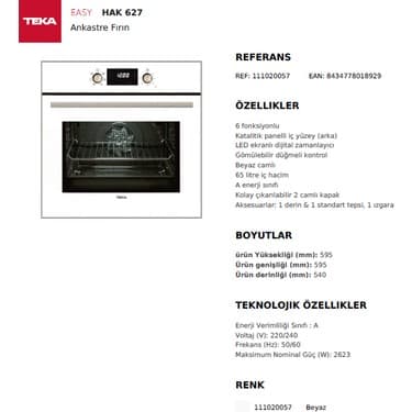 Teka Chef 6 Premium Ankastre Beyaz Set (Davlumbaz, Ocak, Fırın) 5