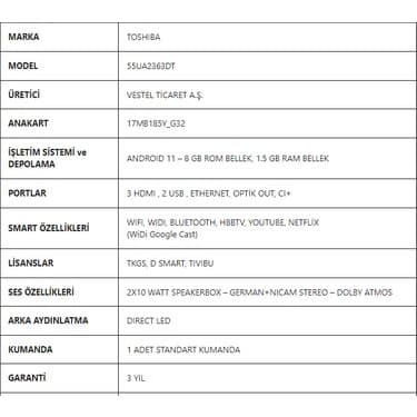 Toshiba 55UA2363DT 55" 139 Ekran Dahili Uydu Alıcılı 4K Ultra HD Smart LED TV 2