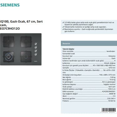 Siemens IQ100, Gazlı Ocak, 67 Cm, Sert Cam, EO7C9HO12O 5