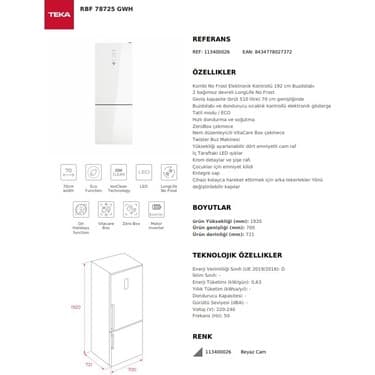 Teka - Rbf 78725 Gwh - Solo Kombi Nofrost Buzdolabı - 481 Lt - Beyaz Cam - 70 cm - 113400026 5
