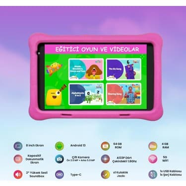 NPO 8" IPS Ekran 4gb 64GB Android 13.0 A133P 1.8ghz Antişok Çocuk Tableti, Kids Tablet Pembe RS407+ 2