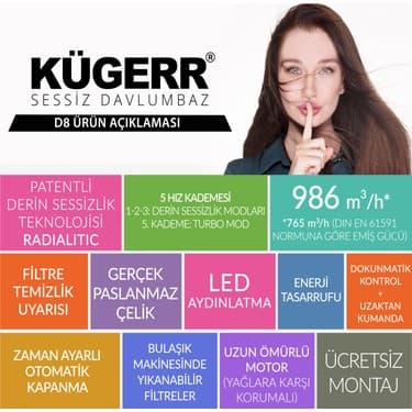 Kügerr D8 60 cm Siyah Cam Ankastre Sessiz Davlumbaz 8