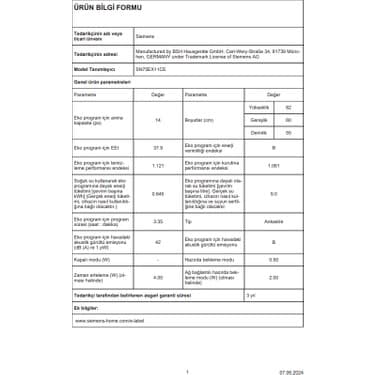 Siemens SN75EX11CE B Enerji Sınıfı 8 Programlı Tam Entegre Bulaşık Makinesi 6