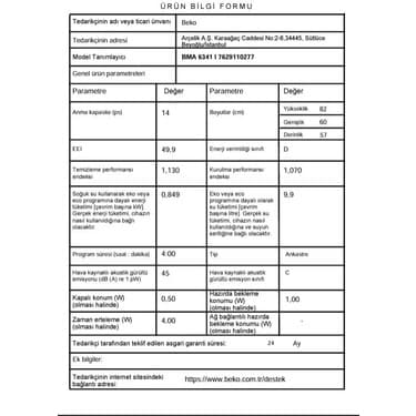 Beko BMA 6341 I Tezgah Altı Bulaşık Makinesi - 14 Kişilik, 6 Program, D Enerji Sınıfı 5