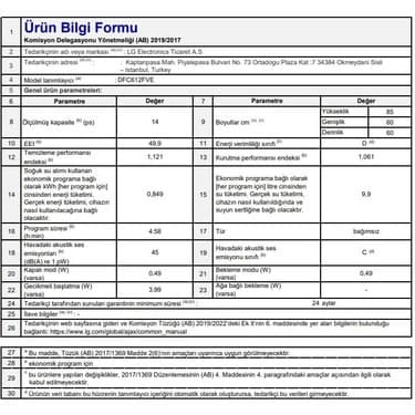LG DFC612FVE D Enerji Sınıfı 5 Program 14 Kişilik Bulaşık Makinesi Prime Gümüş 7