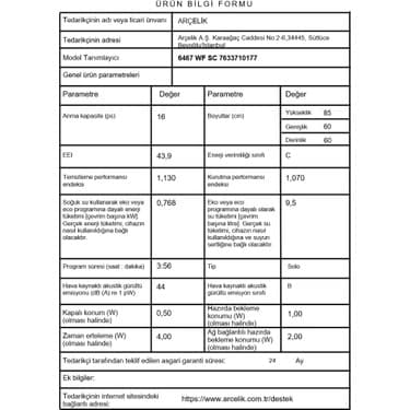 Arçelik 6467 Wf Sc B Enerji Sınıfı 6+5 Programlı Bulaşık Makinesi 6