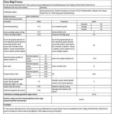 Samsung WW11DB7B34GBAH A Enerji Sınıfı 11 kg 1400 Devir Çamaşır Makinesi 2