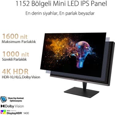 Asus Proart PA32UCG-K 32 4K Mini LED iPS Freesync Hdr 3840X2160 5ms 120HZ Thunderbolt 3 Dp HDMi USB mm Vesa 3yil Hlg,dobly Vision, Donanim Kalibrasyonu, UHD Premium 3