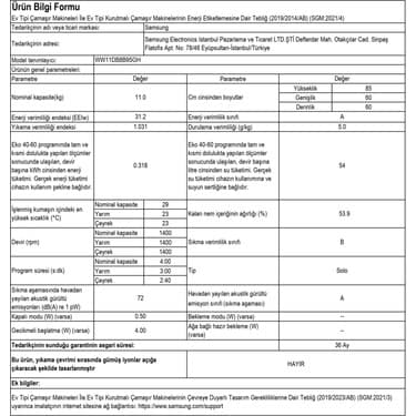 Samsung WW11DB8B95GHAH 11 kg 1400 Devir Beyaz Çamaşır Makinesi 5