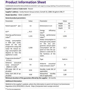Hoover HDSN 1L380PB-17 5 Programlı Wi-Fi Bağlantılı Yarı Ankastre Bulaşık Makinesi 3