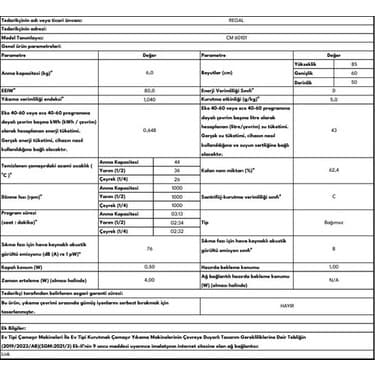 Regal cm 60101 D Enerji Sınıfı 6 kg 600 Devir Çamaşır Makinesi 8