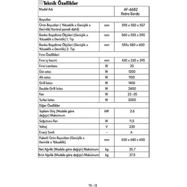 Vestel AF-6682 Retro Bordo 69 Lt A Enerji Sınıfı Ankastre Fırın 7