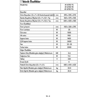 Vestel AF-8785 Yb 78 Lt A Enerji Sınıfı Ankastre Fırın 7