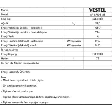 Vestel AF-87105 MS 78 Lt A Enerji Sınıfı Ankastre Fırın 7