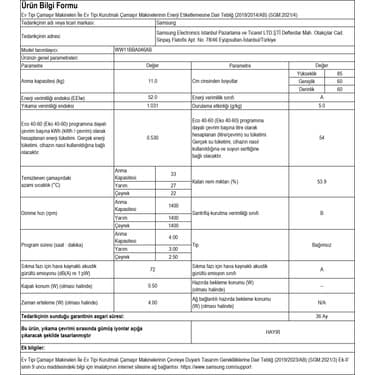 Samsung WW11BBA046ABAH 11 Kg 1400 devir Çamaşır Makinesi 6
