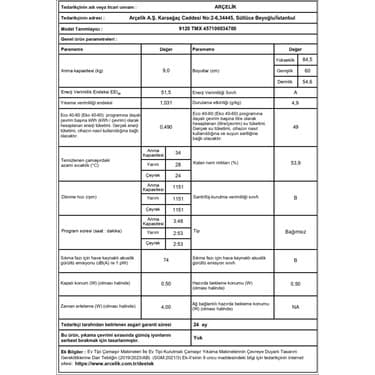Arçelik 9120 Tmx 9 kg 1200 Devir Çamaşır Makinesi 7