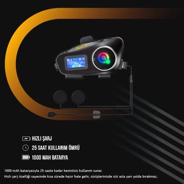 Always Teknoloji 2 Adet Q58-MAX Radyolu Telsiz Özellikli 2 Kişi Bağlantılı Bluetooth Kask Kulaklık Ekranlı Fenerli Müzik ve Intercom 5