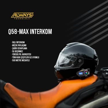Always Teknoloji 2 Adet Q58-MAX Radyolu Telsiz Özellikli 2 Kişi Bağlantılı Bluetooth Kask Kulaklık Ekranlı Fenerli Müzik ve Intercom 6