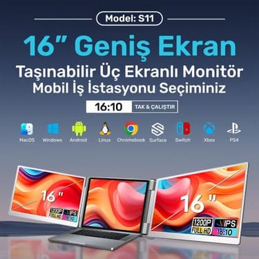 NPO NPM11 16" Fhd 1200P IPS Type-C Taşınabilir 2'li Monitör Çoklayıcı Standlı Notebook Monitör 2