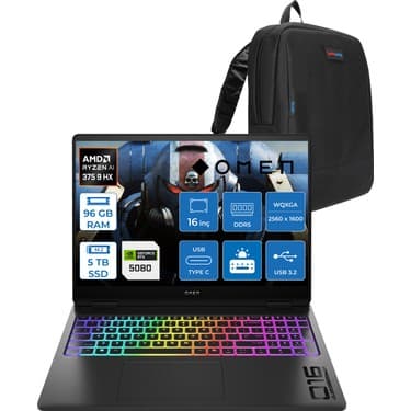 Hp Omen Max 16-AK0002NT Amd Ryzen Aı 9 HX375 96GB Ddr5 1tb SSD + 4tb SSD 16GB Nvıdıa RTX5080 16 Inç 500NITS 2k Wqxga 240Hz 3ms IPS Freedos Siyah OBQ1X7EAF24 + Zetta Çanta 2