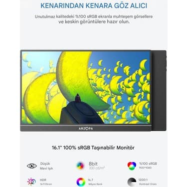 Arzopa Z1C 16.1" Full HD 60Hz IPS Ultra İnce Taşınabilir Monitör 3