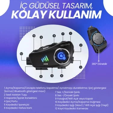 Rexing Kameralı Kask Interkom | Fhd Kamera | Gps | Wi-Fi | Mobil Uygulama | 50+ Saat Konuşma Süresi 2