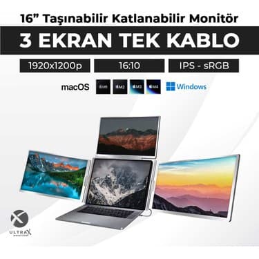 Ultrax 16″ Üçlü Taşınabilir Monitör Çoklu Ekran 1200P Notebook Monitör 5
