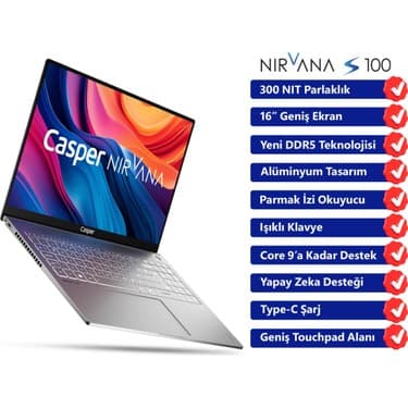 Casper Nirvana Taşınabilir Bilgisayar S100 300NIT İ7-13620H 32GB Ddr5 Ram 1tb SSD Windows 11 Home Taşınabilir Bilgisayar S100.1362-DF00A-G-F-D2D1 2